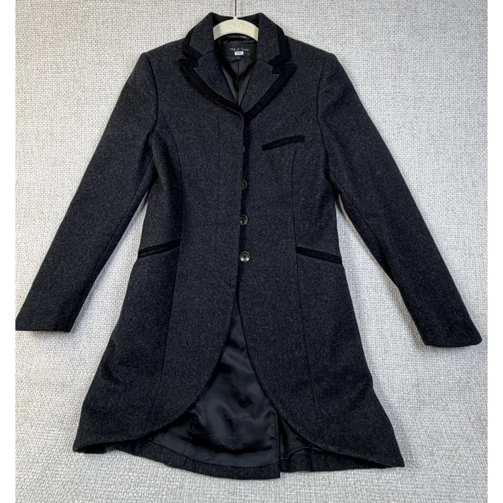 Rag & Bone Charcoal Wool Coat Velvet Trim Tailcoat Hem Made in USA Size 4
